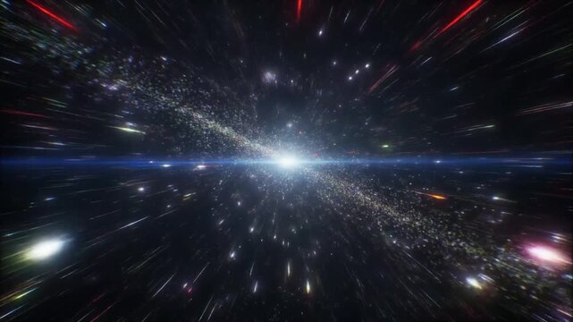 Warping through galaxy, zooming past nebulae and stars at hyper speed, digital celestial background with light streaks, symbolizing exploration