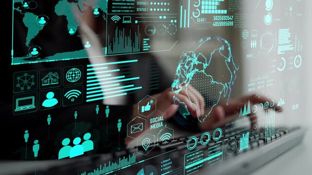 Data center monitoring dashboard visualize network performance, connection status, usage rate, and telecommunication insight. Data center monitoring efficiency improvement network transparency. Thunk