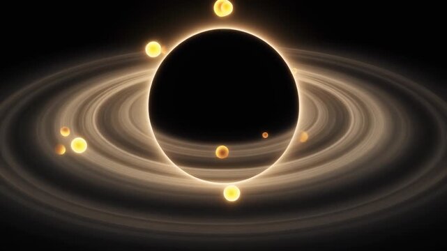 Cinematic black hole with glowing accretion disk and orbiting celestial bodies, representing universal mystery, gravitational forces