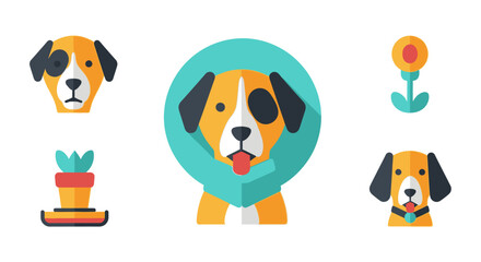 Dog icons illustration of a pet with flowers and potted plant elements