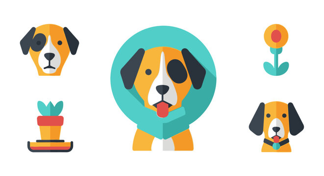 Dog icons illustration of a pet with flowers and potted plant elements