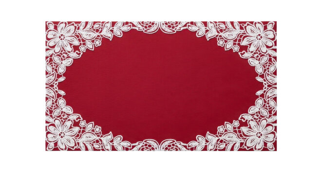 Red card with white lace floral frame isolated on transparent background, elegant romantic design element for invitations, greeting cards and wedding layouts.