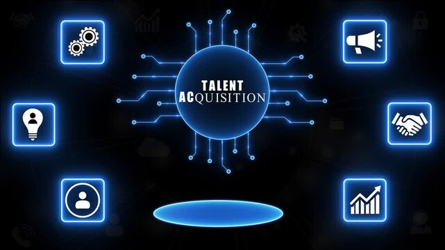 Digital concept of talent acquisition with interconnected icons and glowing central hub recruitment hiring.4k Animation.