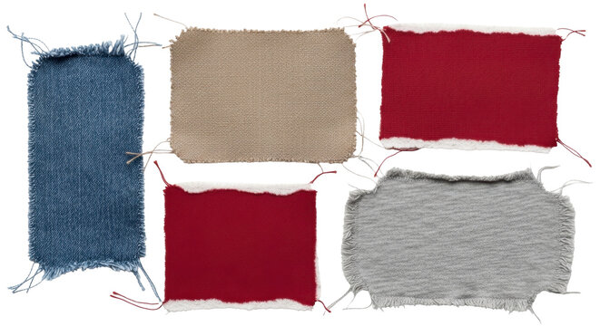 Set of five various colorful torn fabric patches with loose threads and frayed edges on transparent background concept of creative handmade tailoring