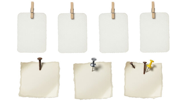 Blank hanging cards and pinned paper notes isolated on transparent background, realistic stationery mockup set for reminders, messages and office layouts.