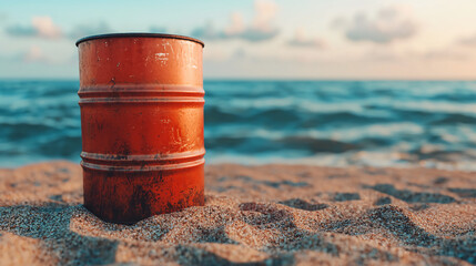Naklejka premium Rusty metal barrel partially buried in sand on a beach with ocean waves and a cloudy sky in the background.