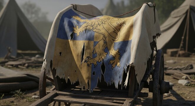 Tattered Medieval Banner With Faded Lion Heraldry