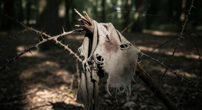 Tattered Peasant Smock Hanging on Thorny Branch in Forest