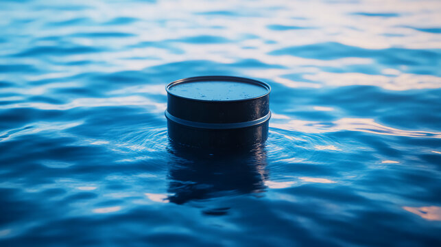 A black oil barrel floating in calm blue water, highlighting potential environmental pollution in aquatic ecosystems.