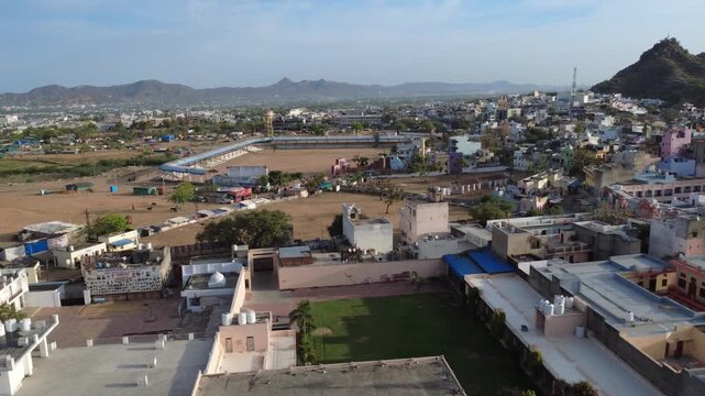 4K - Beautiful morning Droneshot of Pushkar town and lake in Rajasthan which has the only one Brahman Temple in India