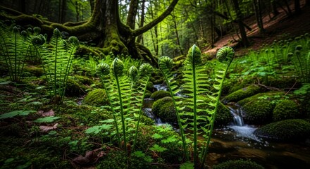 Fototapeta premium New Fern Fronds Unfurling in a Damp Forest Stream
