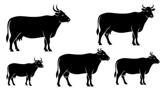 Five Black Silhouettes of Cows Standing Side View.