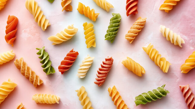 Spiral pasta on pastel background