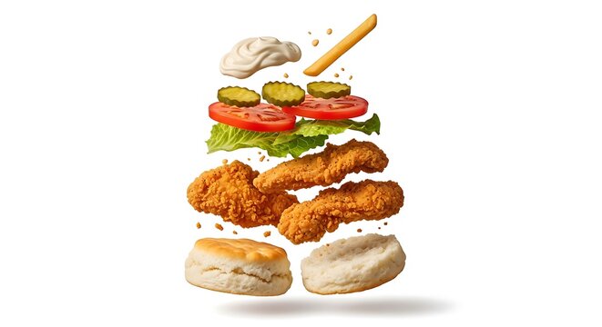Exploded view of chicken burger with fresh toppings