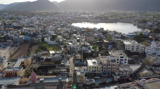 4K - Beautiful morning Droneshot of Pushkar town and lake in Rajasthan which has the only one Brahman Temple in India