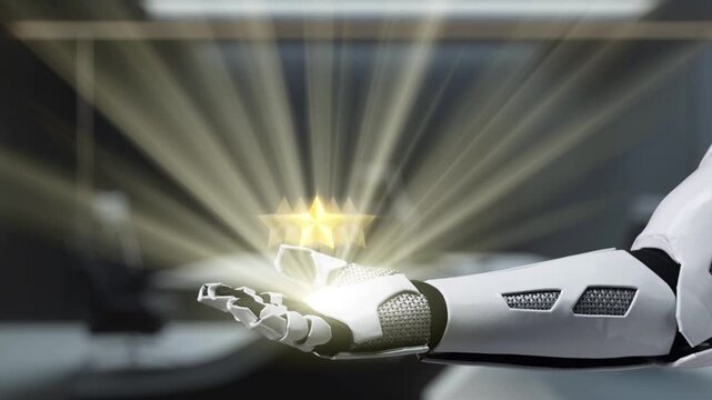 A futuristic robot hand displays five glowing gold stars, symbolizing exceptional reviews and feedback in a digital environment. It conveys innovation and technology. Auvana