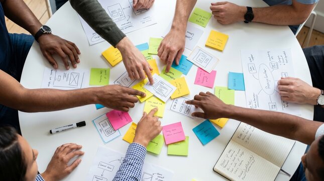 Multiple hands of diverse team members organizing colorful sticky notes and wireframe sketches on white table during brainstorming and design planning session.