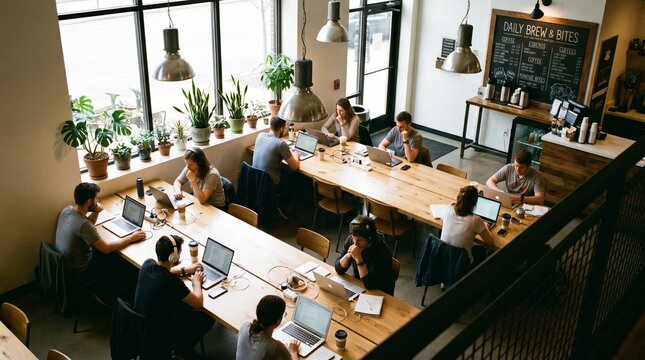 Overhead view of creative professionals working on laptops at communal wooden tables in a bright cafe with industrial pendant lights, potted plants, and menu board.