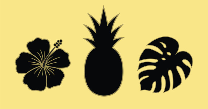 pinapple silhouette , with leaf and flower on yellow background