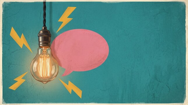 Glowing vintage lightbulb with pink speech bubble and lightning bolts on teal background creative idea concept