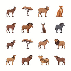 Obraz premium Set of sixteen flat vector icons depicting African savanna wildlife including various antelope species, wildebeest, buffalo, lion, and acacia trees isolated on white background.