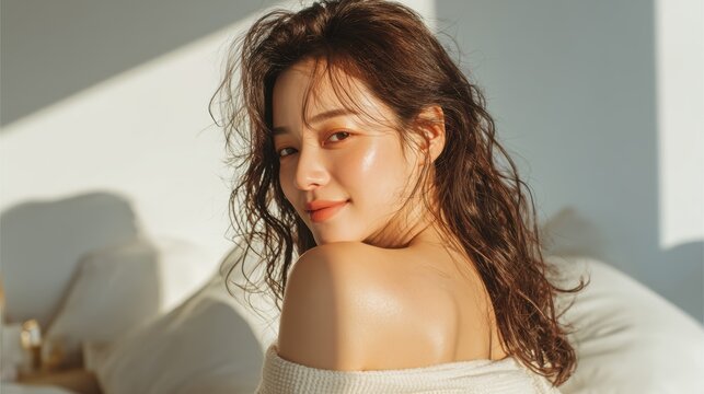 Young woman is using a white cream on her shoulder and her face,Facial care for female,moisturizing cream,healthy skin,Taking good care of her skin,Skin cream concept.