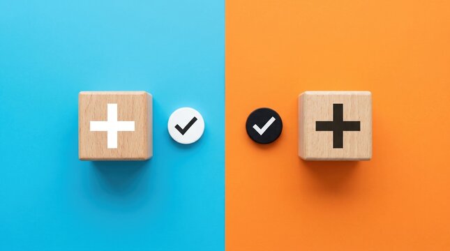 Two wooden blocks with plus symbols and checkmarks on vibrant blue and orange backgrounds