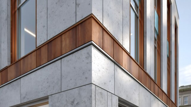 Modern building facade featuring stone and wood cladding