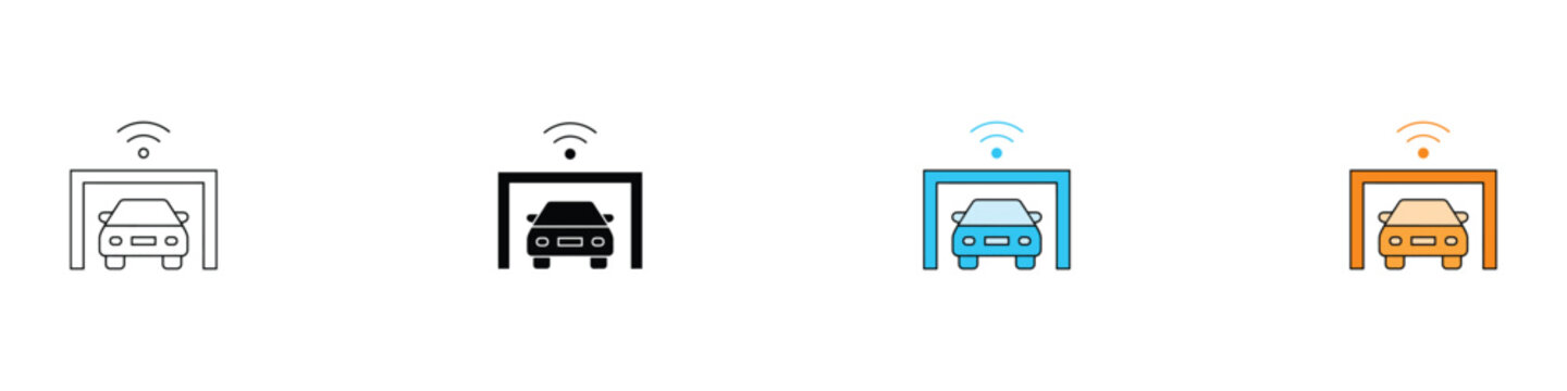 Smart garage and connected car icon set for intelligent transport. Vector illustration of a car under a garage roof with wireless signal, representing automated parking, remote vehicle monitoring.