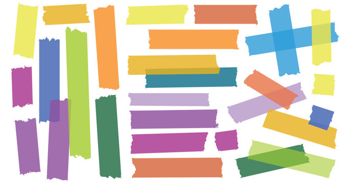 Colorful washi tape and adhesive masking strips set. Vector illustration of multi-colored semi-transparent paper tapes for scrapbooking, decorative framing, and creative stationery design.