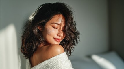 Fototapeta premium Young woman is using a white cream on her shoulder and her face,Facial care for female,moisturizing cream,healthy skin,Taking good care of her skin,Skin cream concept.