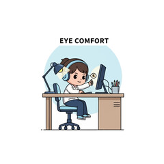 Naklejka premium Vector illustration of a chibi girl at a desk with a computer, adjusting a lamp for eye comfort. Scene includes headphones, monitor, and office chair on white background.