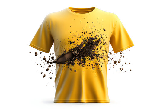 Yellow cotton t shirt with a large explosive mud stain isolated on a white background
