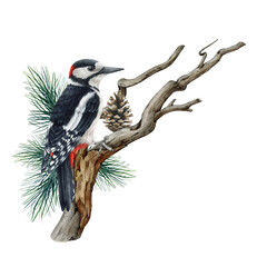 Obraz premium Woodpecker clipart png with bird on branch and pine cone isolated for wildlife design, forest nursery decor, prints, cards, stickers and nature projects detailed watercolor illustration
