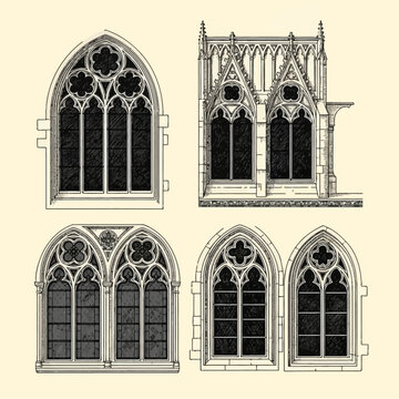 Detailed vintage engraving collection of gothic architectural window elements showcasing pointed arches, stone tracery, quatrefoils, trefoils, mullions, and ornate masonry.