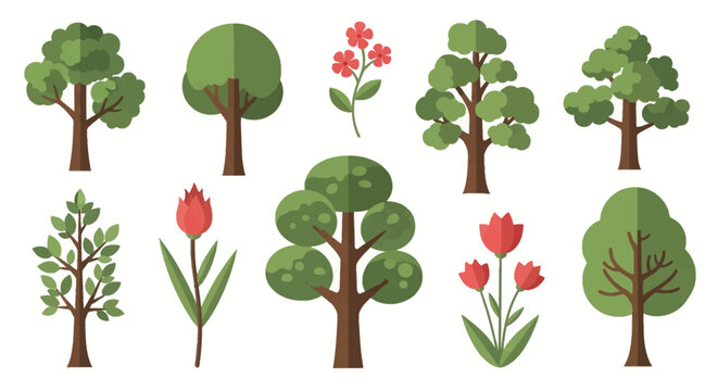 Collection of various flat vector trees and red flowers isolated on a white background, featuring different leaf patterns, stylized branches, green foliage, and tulip blossoms.