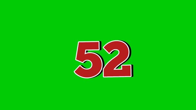 Number 52 symbol sign animation motion graphics cartoon green screen background.Red number smoke effects video elements