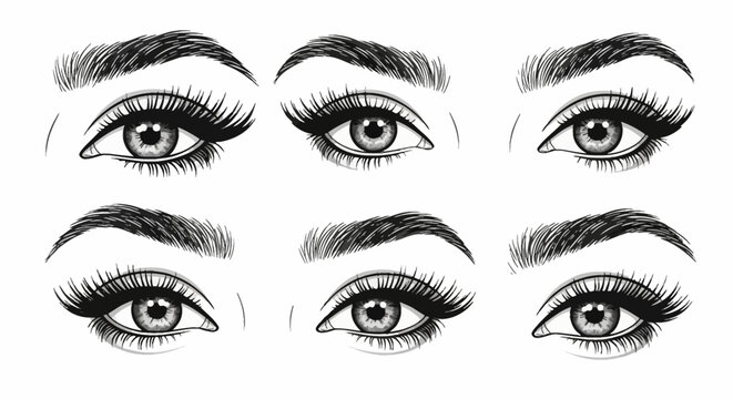Collection of six detailed female eye illustrations with long voluminous eyelashes and thick eyebrows, black and white hand drawn style vector art for beauty and lash salon.