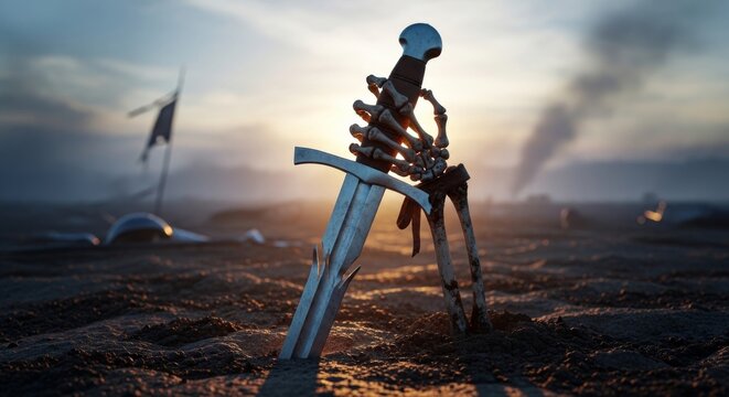 Skeleton clutches broken sword in battle aftermath at sunset