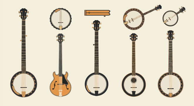 Detailed vector illustration set featuring multiple banjo designs, including five-string resonator models, open-back banjos, headstock details, and a hollow-body guitar-style banjo.