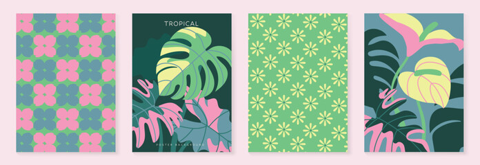 Obraz premium Tropical pattern vector set with monstera leaves, floral background, geometric tile and striped plaid design. Colorful summer collection for poster, wallpaper, fabric, packaging and digital paper. 
