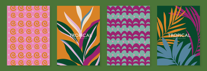 Obraz premium Tropical pattern vector set with monstera leaves, floral background, geometric tile and striped plaid design. Colorful summer collection for poster, wallpaper, fabric, packaging and digital paper. 