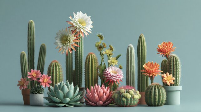 Botanical cactus and succulent plants blooming with colorful flowers