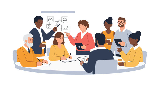 A diverse team of professionals collaborates effectively in a bright office space, discussing strategies around a large meeting table.