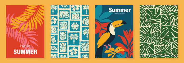 Obraz premium Summer tropical poster vector set. Colorful jungle leaf background with toucan bird, floral tile pattern and retro vacation design for beach party and travel.