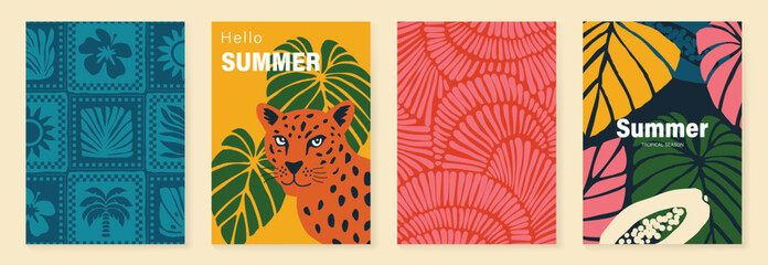 Obraz premium Summer tropical poster vector set. Colorful jungle background with leopard, monstera leaves, papaya fruit and retro floral tile pattern for travel and vacation design.
