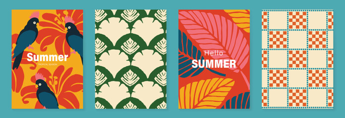 Obraz premium Summer tropical poster vector set. Colorful jungle bird background with hibiscus flowers, palm leaves, checker pattern and retro vacation design.
