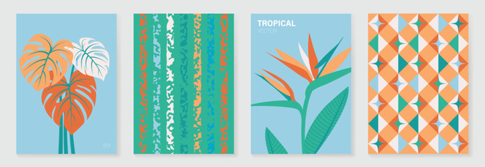 Obraz premium Tropical pattern vector set with monstera leaves, floral background, geometric tile and striped plaid design. Colorful summer collection for poster, wallpaper, fabric, packaging and digital paper. 
