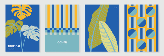 Obraz premium Tropical pattern vector set with monstera leaves, floral background, geometric tile and striped plaid design. Colorful summer collection for poster, wallpaper, fabric, packaging and digital paper. 