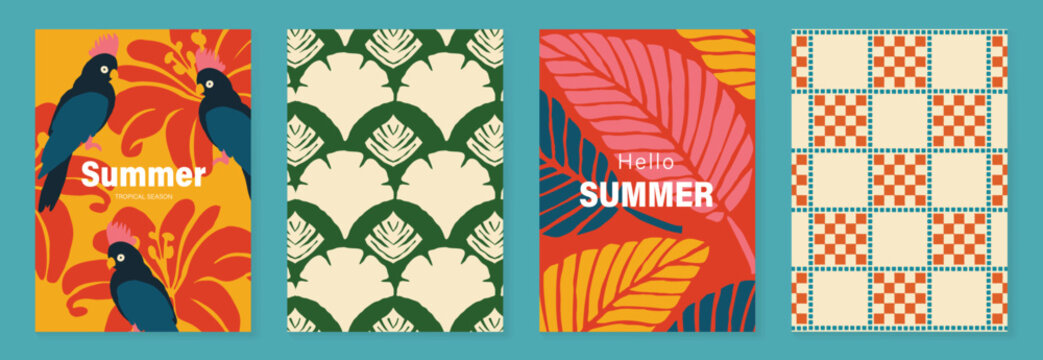 Summer tropical poster vector set. Colorful jungle bird background with hibiscus flowers, palm leaves, checker pattern and retro vacation design.